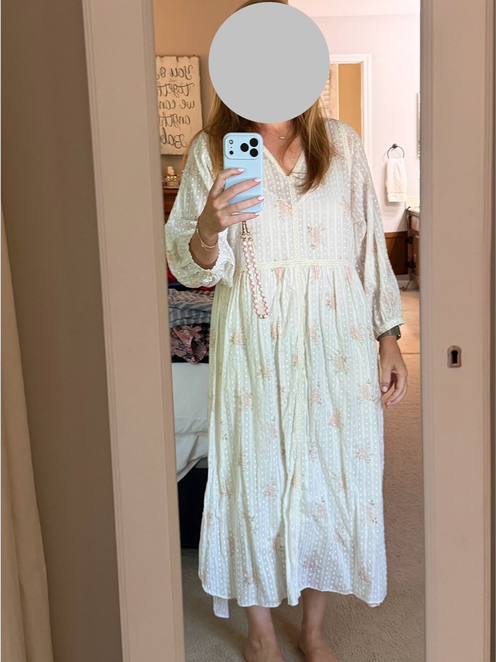 THE GREAT. Cream Maxi Dress with Pink Floral Embroidery and matching cream slip